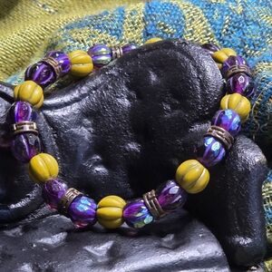 Purple and Yellow Beaded Stretch Bracelet